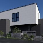 北九州・沖縄の注文住宅｜中間市|白と黒の箱型外観、吹抜けと鉄骨階段が広がりを演出する洗練されたモダン住宅。